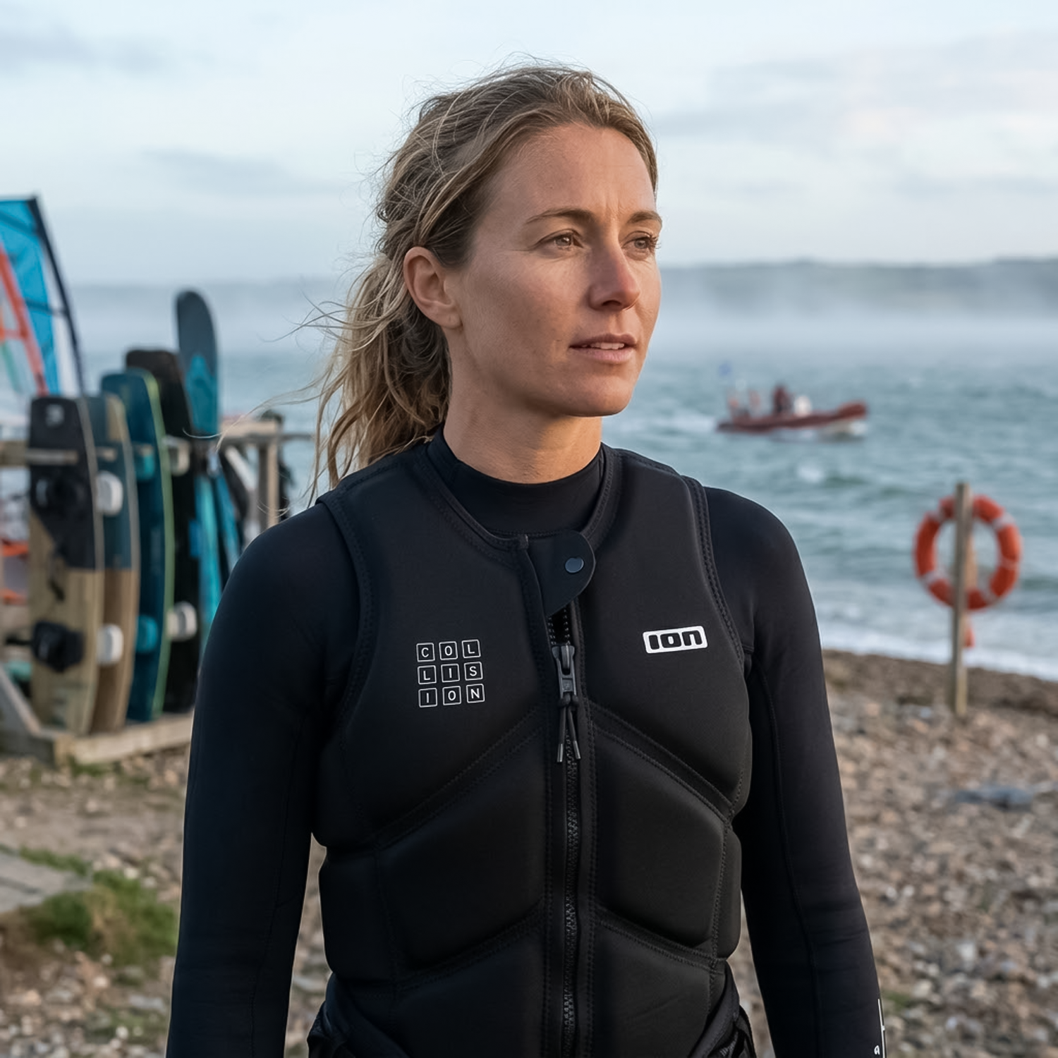 woman wearing black padded watersports vest  over a wetsuit standing by the coast  