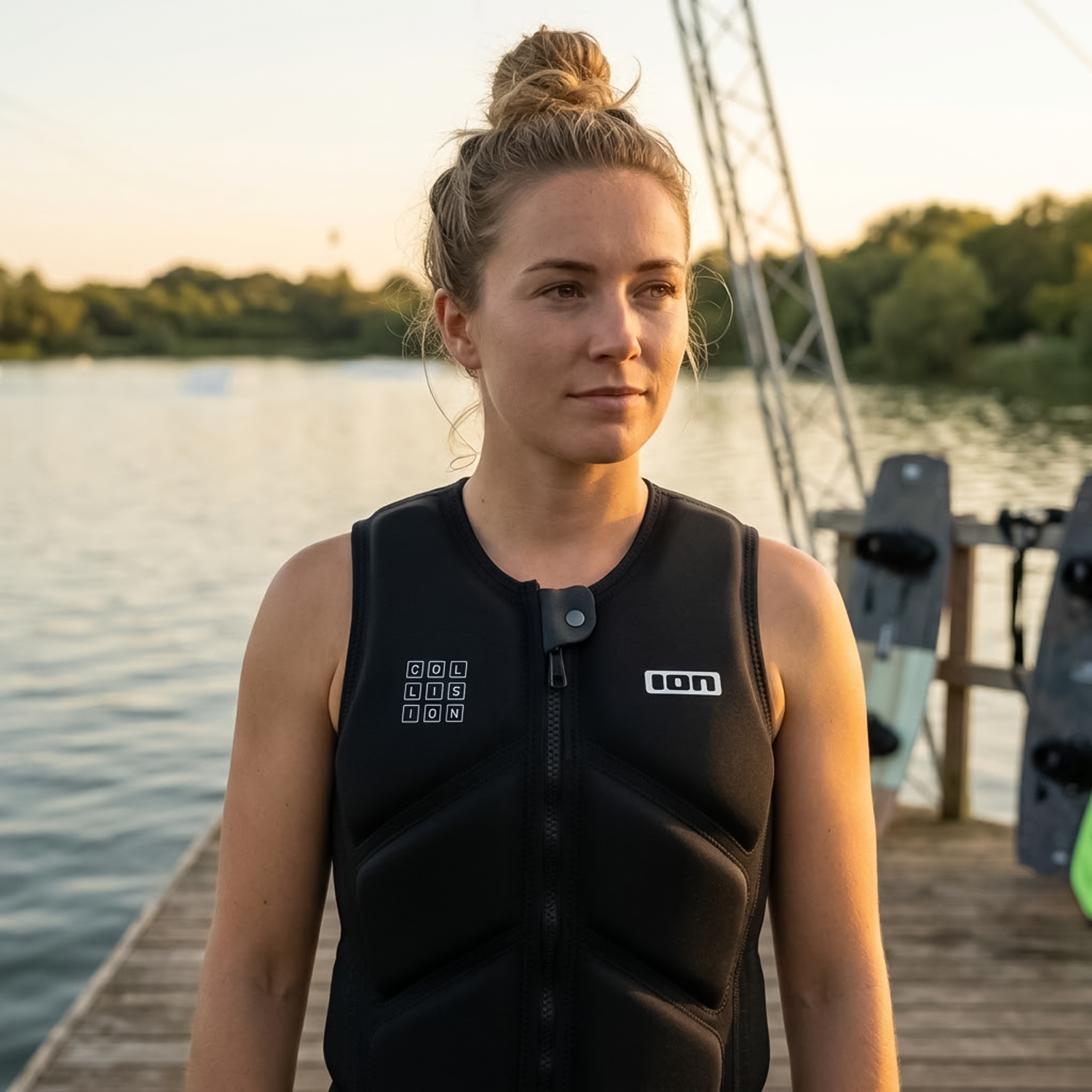 Woman wearing fitted black impact vest on a wooden pier at sunset