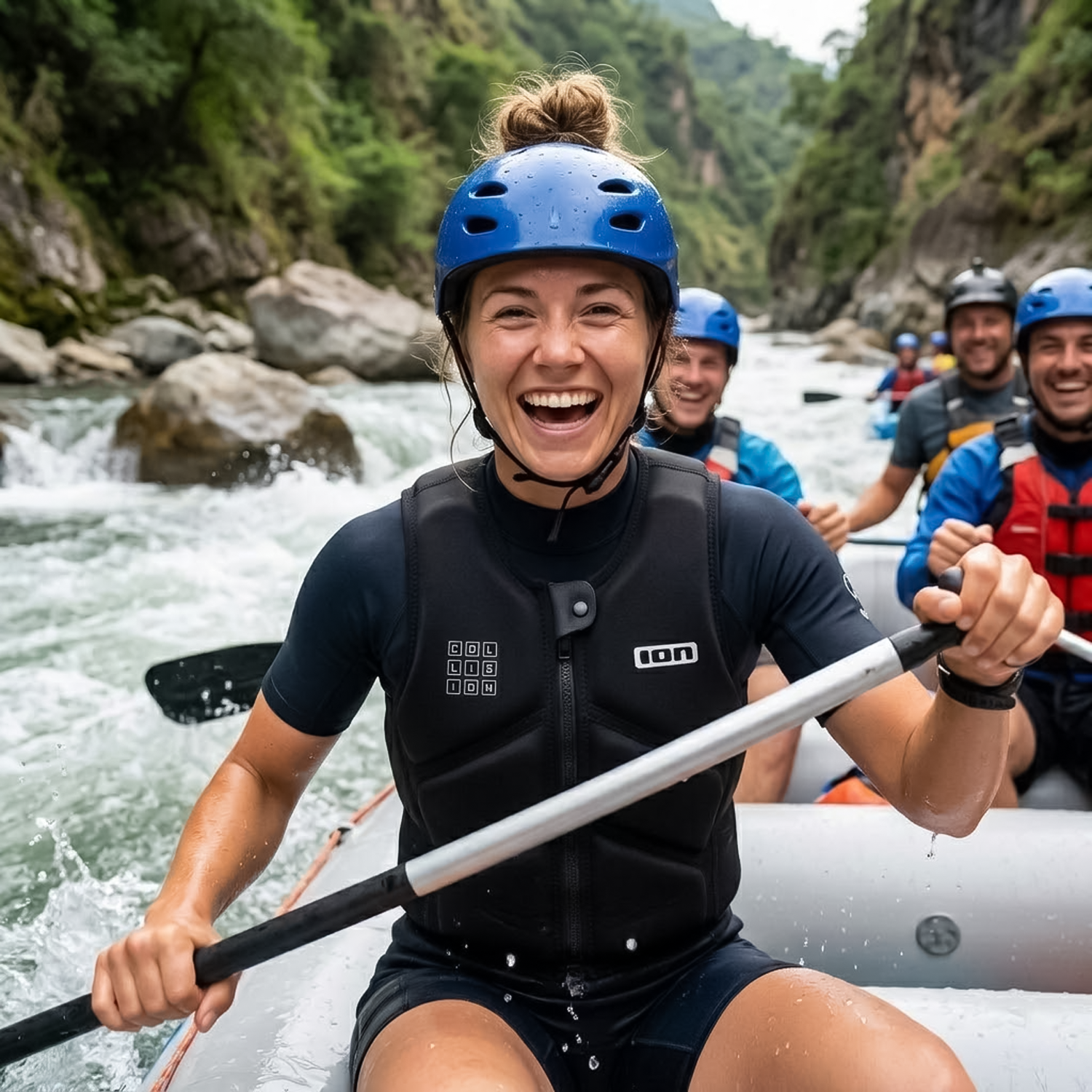 Woman wearing black safety vest and blue helmet smiling while rafting on river rapids
