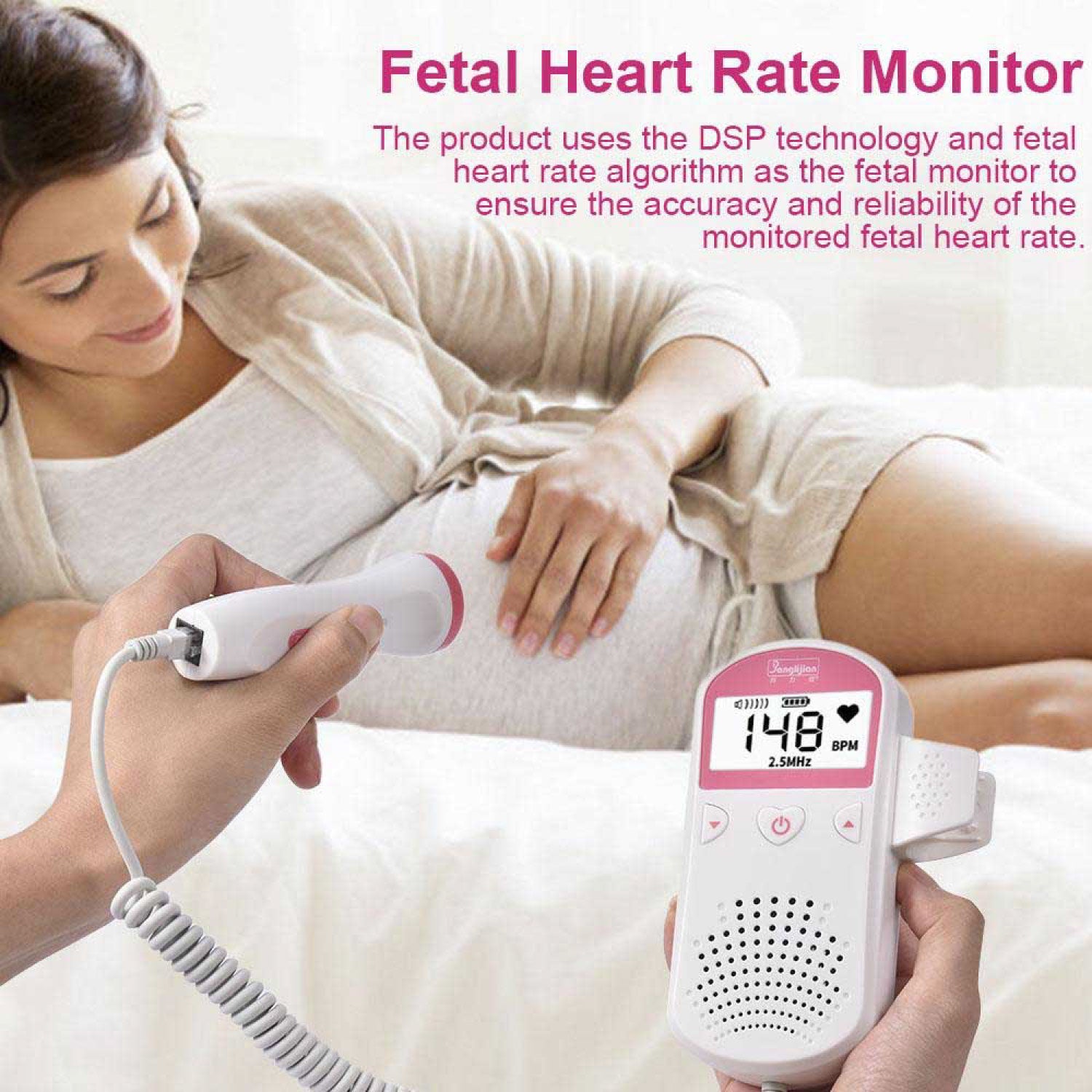 Fetal Doppler 2.5MHz Probe Heart Beat Monitor Home Pregnancy Baby Sound Heart  Rate Detector Portable Pregnant Fetal Pulse Meter Color: pink